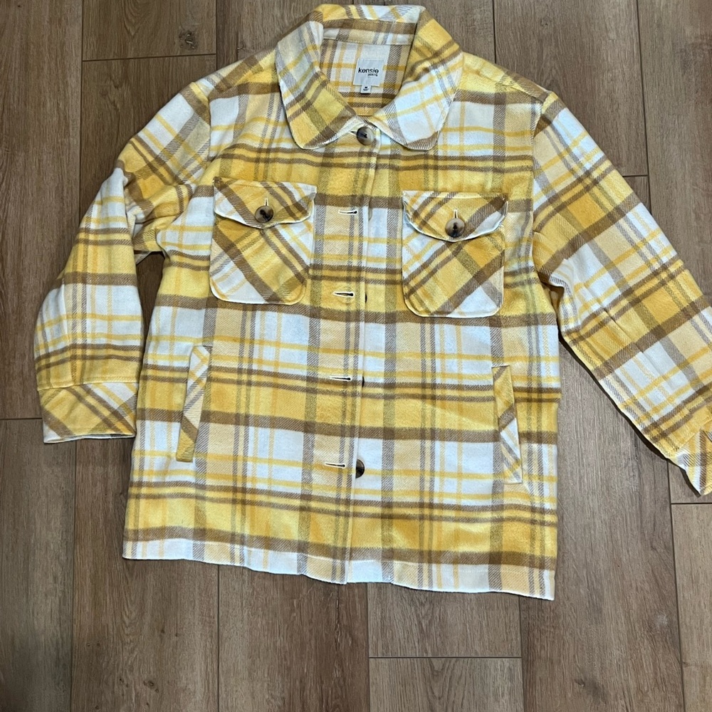 Kensie Jeans Yellow and Brown Plaid Flannel Shacket Medium